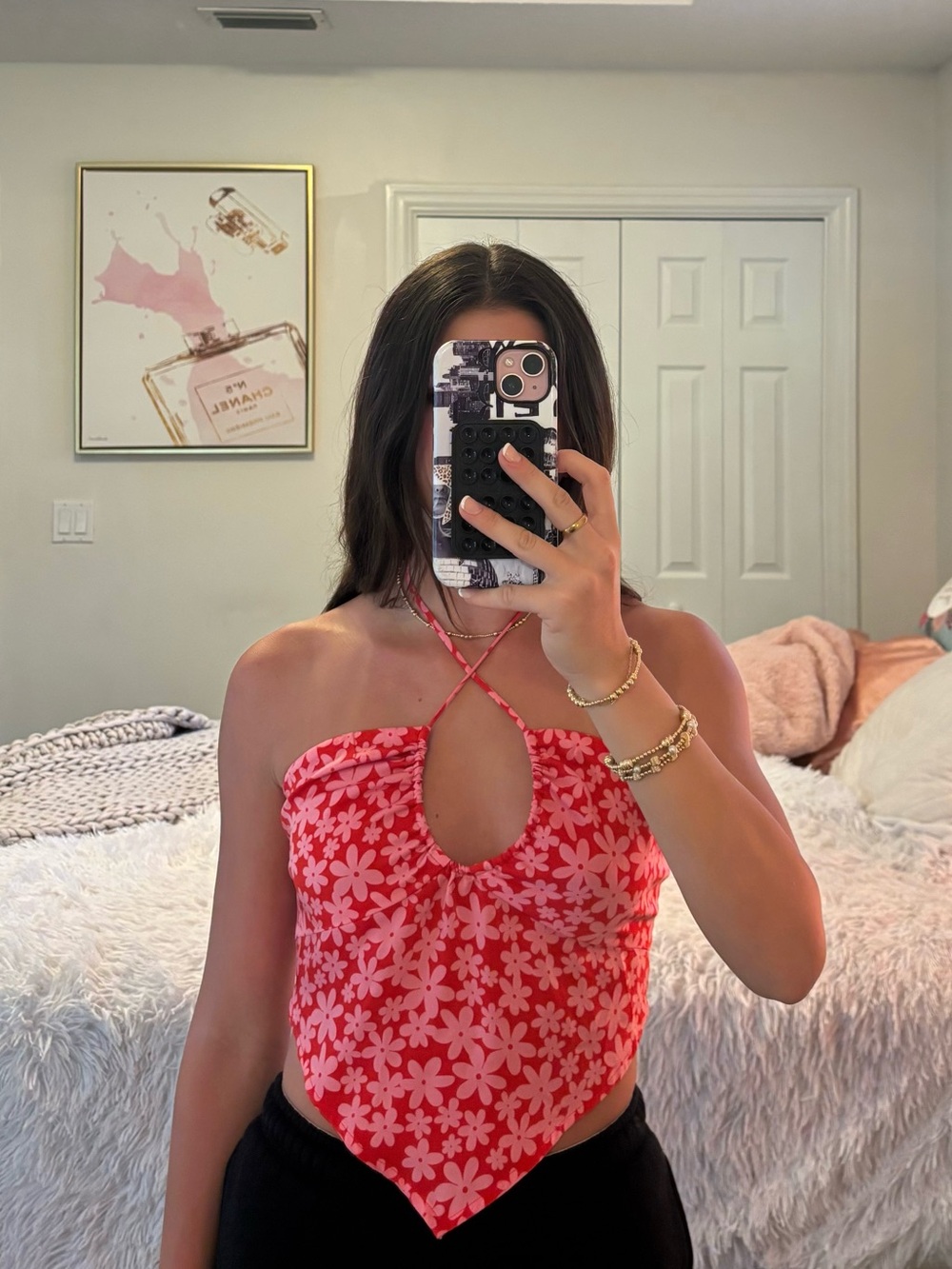 American Threads Pink & Hot Pink Floral Halter Bandana Top
